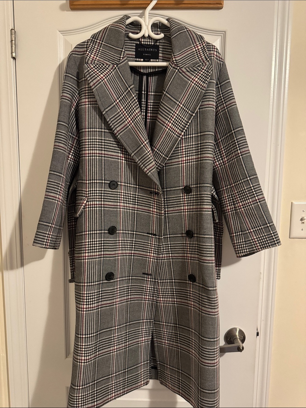 AllSaints Gray Plaid Double-Breasted Trench Coat